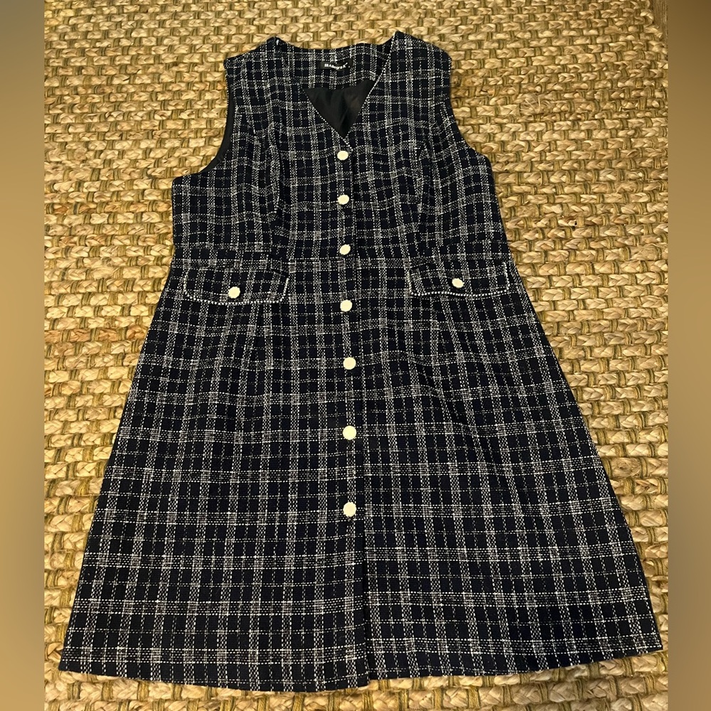 Allegra K Tweed Button Dress - Navy/White with Gold Buttons